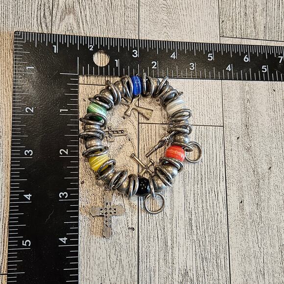 Stretch Bracelet Silver Tone Cross Charms Multicolor Beads Religious Women's - Picture 6 of 7